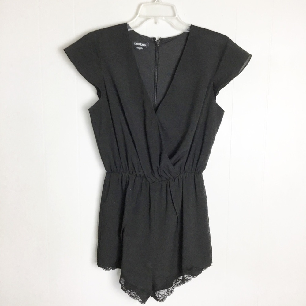 Bebe Black Shorts Romper Size XS Lace Trim Summer Vacation